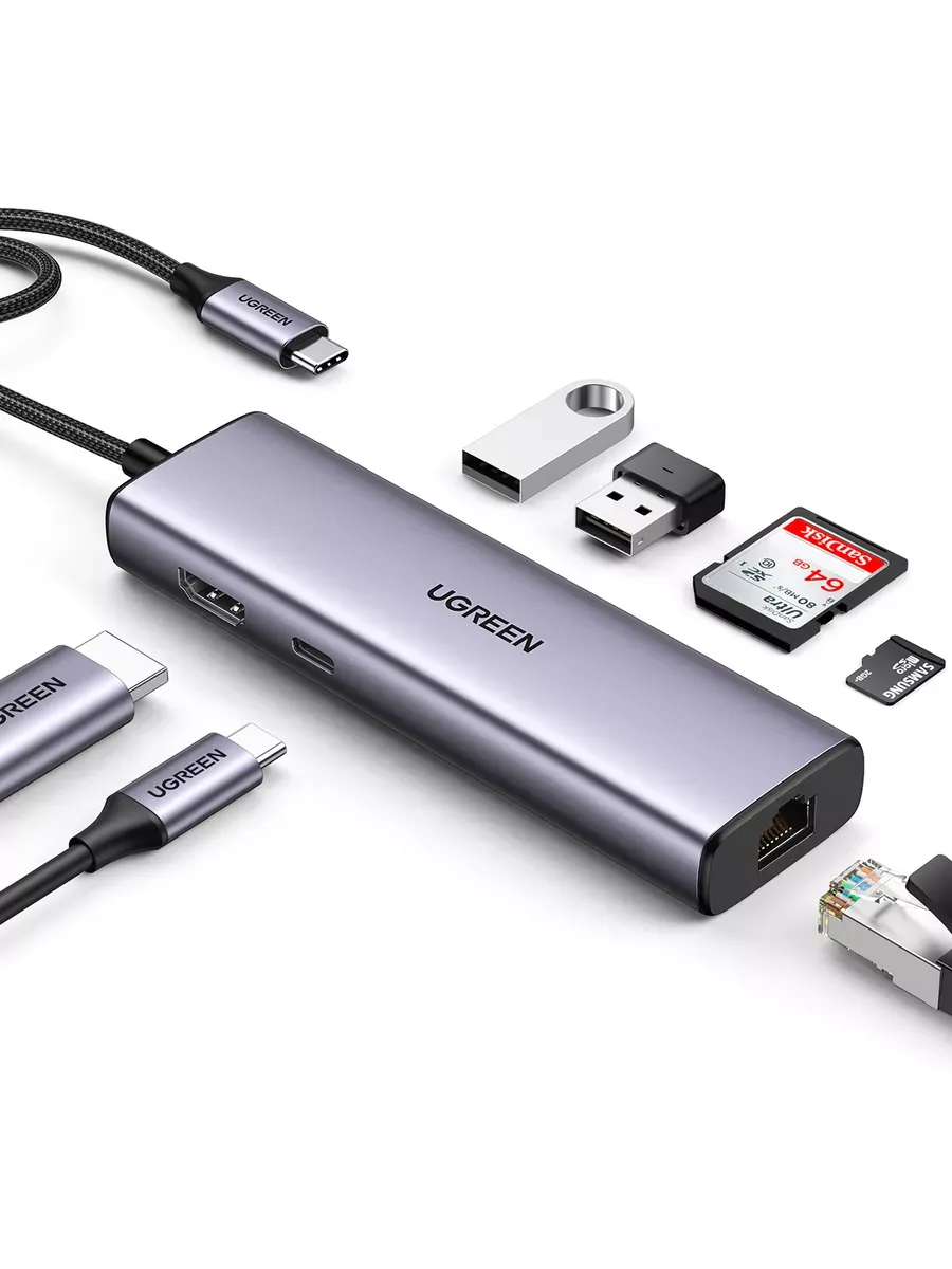 Конвертер UGREEN CM512 (90568) USB-C to 2*USB3.0+HDMI+RJ45+SD&TF +PD Port Converter. Цвет: серый