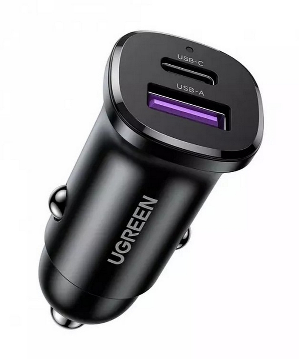 АЗУ UGREEN EC305 (25845) черный USB-C PD+USB-A QC 30W Fast Car Charger с чехлом