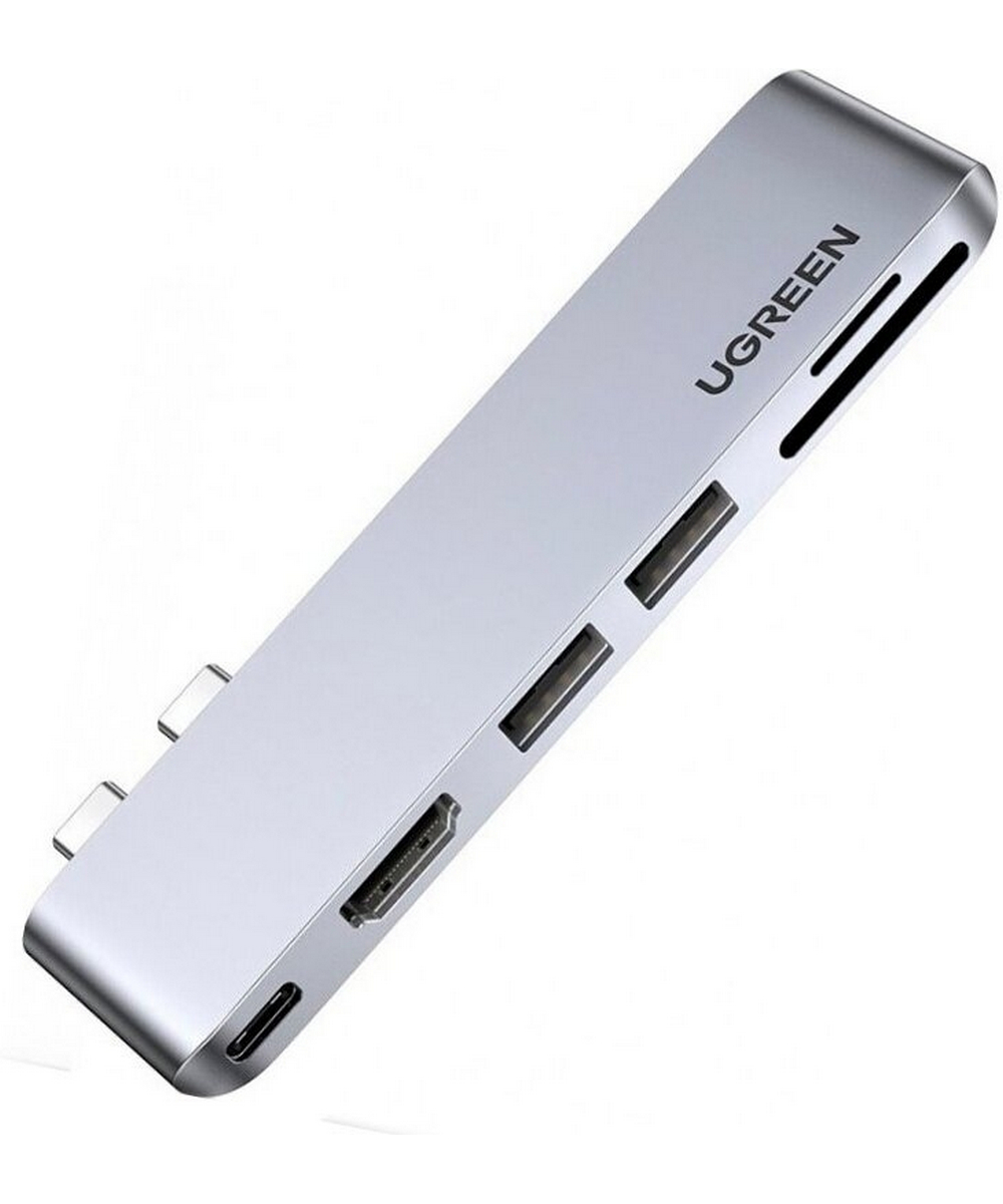 Хаб UGREEN CM380 (80856) Revodok 6-in-1 Dual USB-C - HDMI&2*USB 3.0A&TF/SD&USB-C Female Hub серый