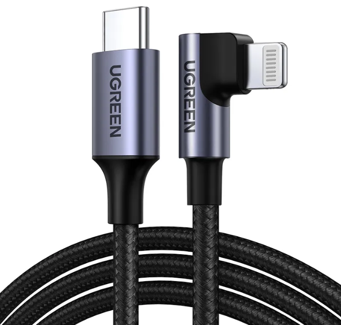 Кабель UGREEN US305 1м черный USB-C to Lightning Angled Cable Aluminum Shell Braided