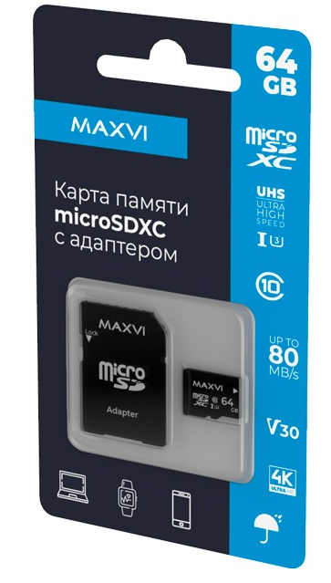 Карта памяти Maxvi microSDXC 64GB, class 10, UHS-I (3), V30