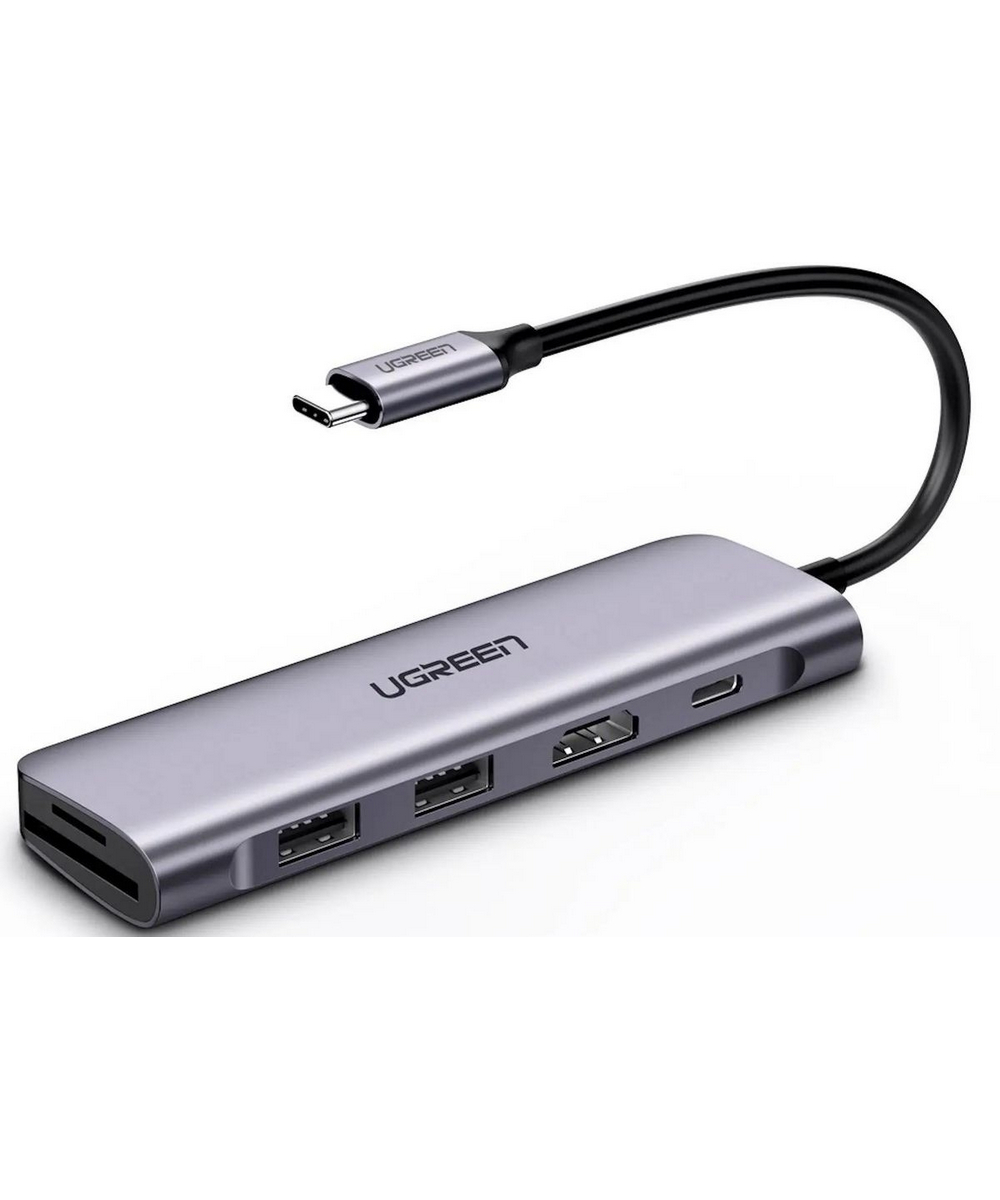 Хаб UGREEN CM195 (70411) USB-C to 2 Ports USB3.0-A Hub + HDMI + TF/SD with PD Power Supply серый