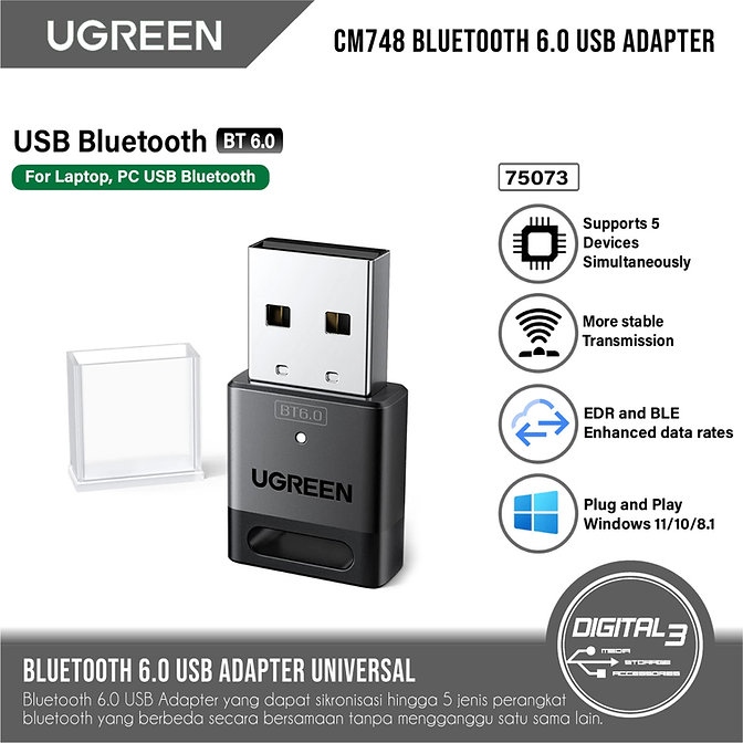 Адаптер UGREEN CM748 (75073) USB-A Bluetooth 6.0 Adapter. Цвет: черный