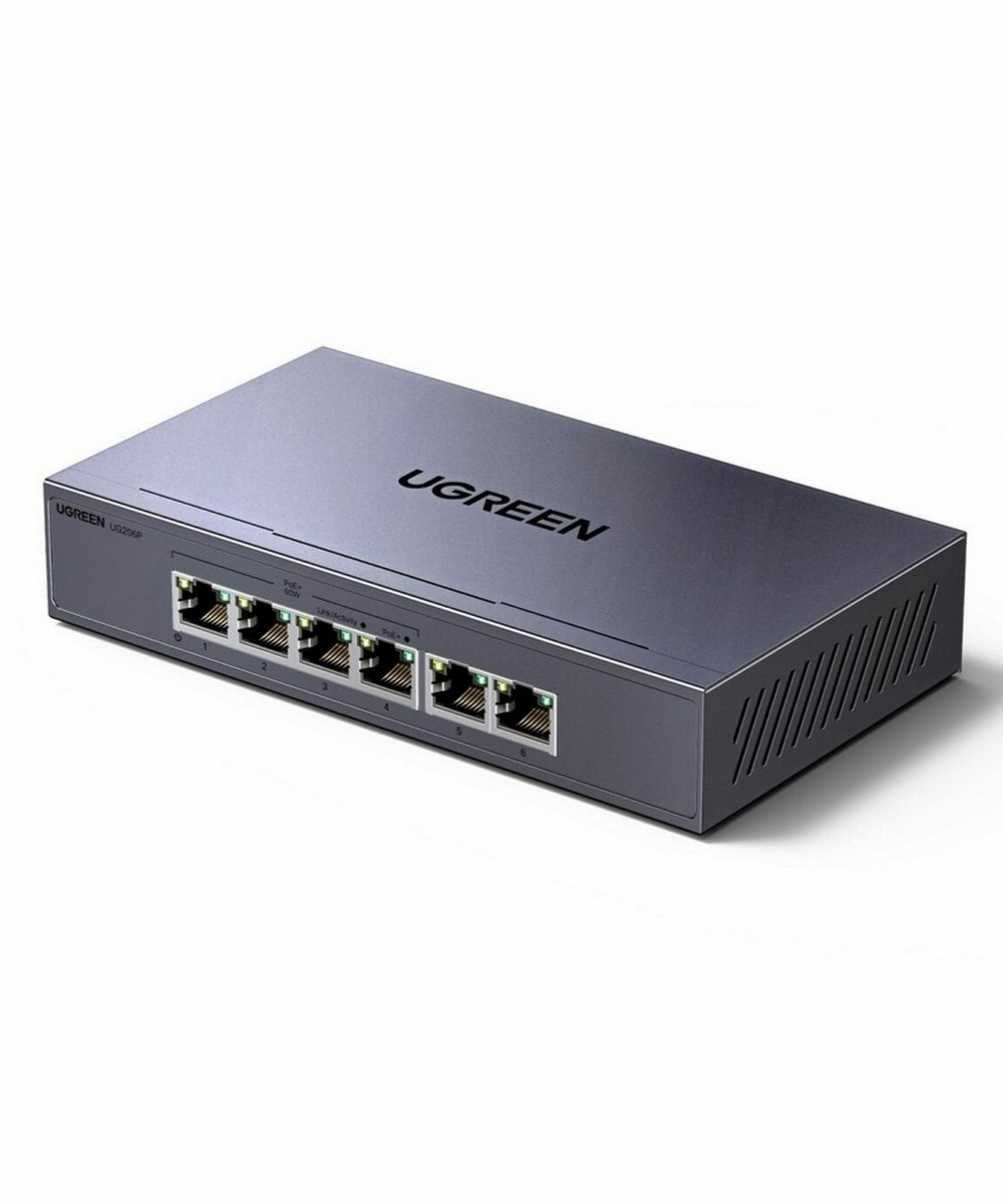 Коммутатор сетевой UGREEN CM741 (35371EU) 6-Port 4*PoE&2*Gigabit Ports Ethernet Switch серый космос
