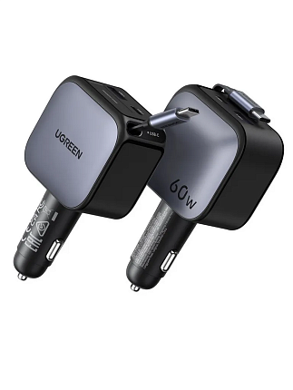 АЗУ UGREEN EC602 (55212B) 60W металлик USB-C+USB-A Fast Car Charge с выдвижным кабелем