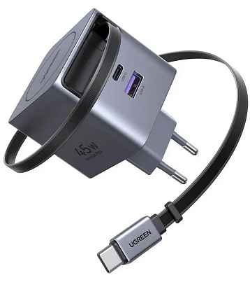 Зарядное устройство UGREEN X615 (65825) 65W GaN USB-C&USB-A with Retractable Cable серый космос