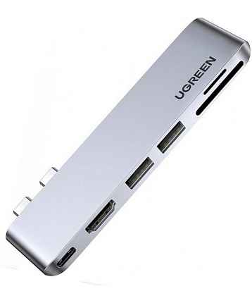 Хаб UGREEN CM380 (80856) Revodok 6-in-1 Dual USB-C - HDMI&2*USB 3.0A&TF/SD&USB-C Female Hub серый