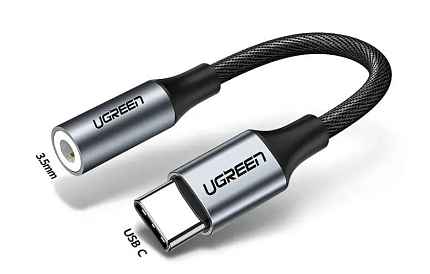 Кабель UGREEN AV142 (30632) Type C Male To 3.5mm Audio Adapter.  Длина 10 см. Цвет: серый