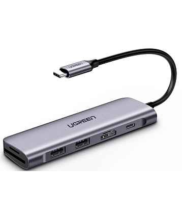 Хаб UGREEN CM195 (70411) USB-C to 2 Ports USB3.0-A Hub + HDMI + TF/SD with PD Power Supply серый