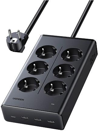 Удлинитель UGREEN S622 (75141) 20W 6-Outlet With USB-C&3*USB-A Power Strip. Цвет: черный